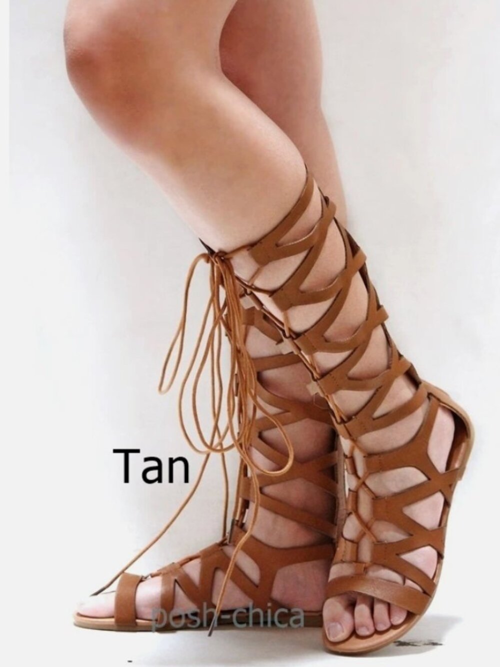 New Tan Wide Calf Knee High Lace Up Strappy Gladiator Flat Sandals